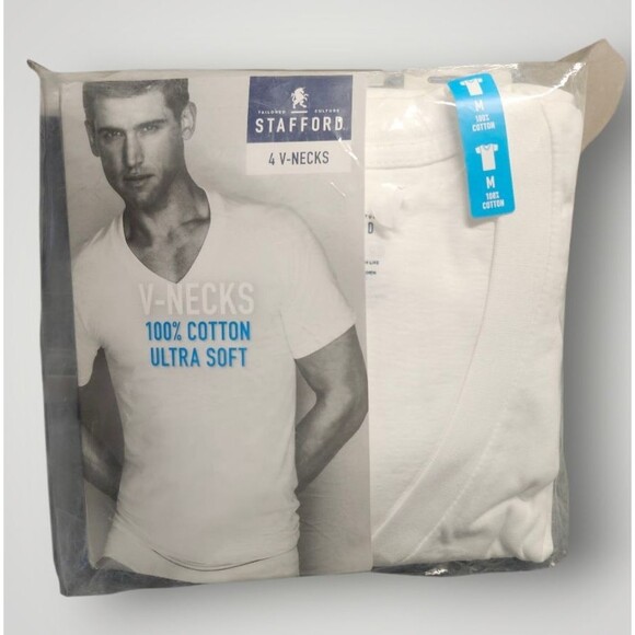 New Stafford 4-Pack Mens 100% Cotton Ultra Soft V-Neck T-Shirt Medium NOS - Picture 1 of 4
